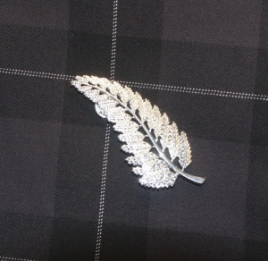 The special kilt pin on Pride of NZ tartan.  You too can wear a silver fern