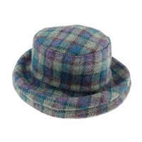 Ladies One Size Harris Tweed Cloche Hat in Blue Purple Check on Grey