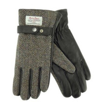 Gents Black Leather & Harris Tweed Gloves in Heather