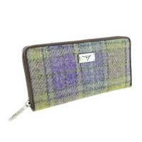 Harris Tweed 'Staffa' Long Zip Purse in Muted Lilac and Green Check