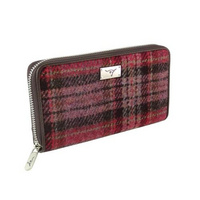 Harris Tweed 'Staffa' Long Zip Purse in Burgundy & Pink Stewart Tartan